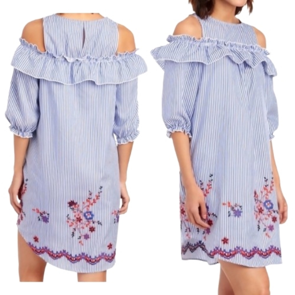 Violet Weekend Blue Striped Cold-Shoulder Dress Embroidered Floral Print